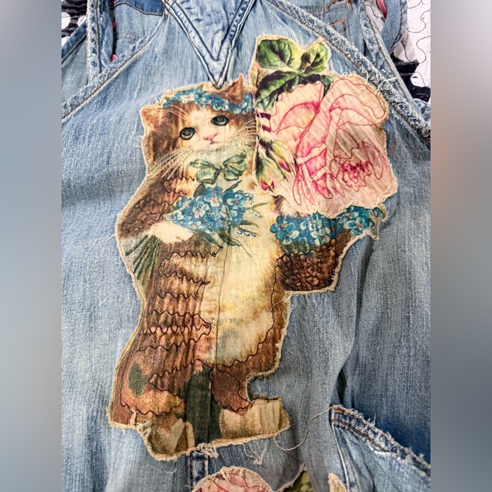 Magnolia Pearl floral appliqué denim overalls hand-distressing, fading - Picture 5 of 10